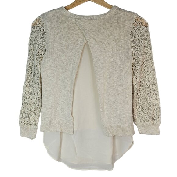 Lucky Brand Open Knit Top Cream Size XS Lace Chiffon Split Back Cinema Linen - Picture 5 of 7